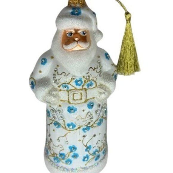Hand-Painted JingleNog Santa Ornament With Blue & Gold Floral Details - Picture 12 of 13